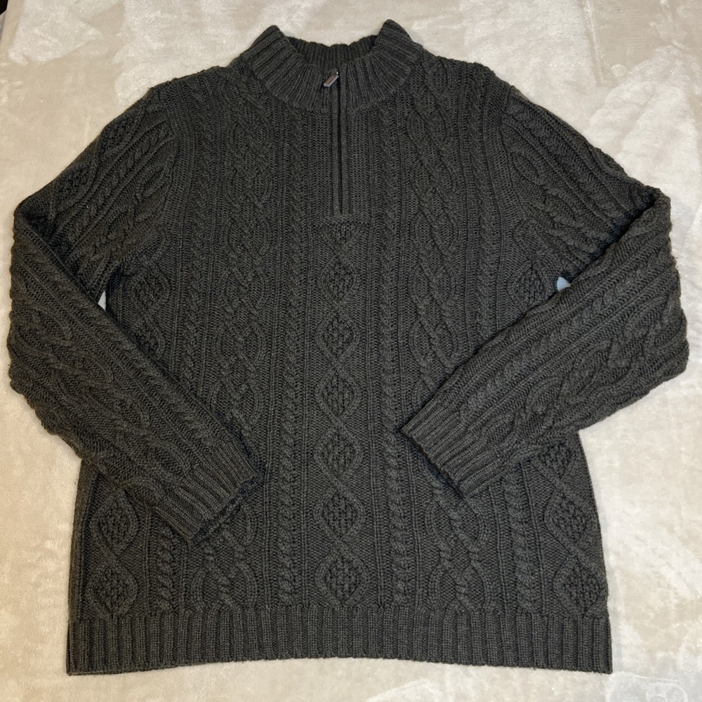 Garnet Hill Men's Cabled Cable Knit‎ 1/4 Zip Sweater Size M Medium Forrest Green